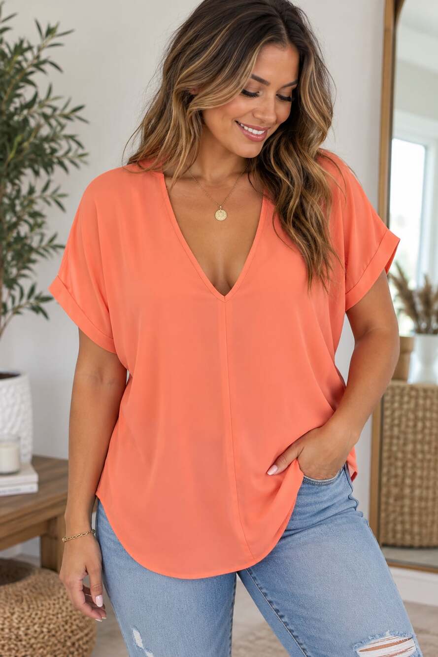 Charlotte Russe V-Neck Placket Short Sleeve Top in Coral Orange Size L